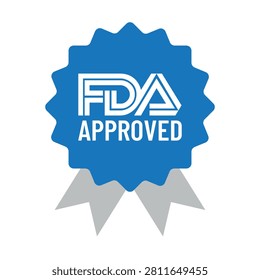 Professional flat vector FDA Approved ribbon badge featuring a premium blue certification seal with award ribbons, symbolizing regulatory compliance, product safety, and quality assurance. Ideal for pharmaceutical products, medical devices, healthcare branding, cosmetics, dietary supplements, food packaging, certification labels, regulatory documentation, and promotional materials.