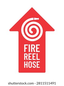Professional flat vector fire hose reel direction sign featuring an upward arrow with a fire hose reel symbol and location text for emergency fire equipment identification. Perfect for offices, warehouses, factories, hospitals, schools, commercial buildings, industrial facilities, emergency evacuation routes, workplace safety systems, and fire protection wayfinding signage.