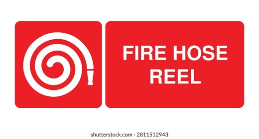 Professional flat vector fire hose reel sign featuring a high-visibility fire hose reel symbol with bold identification text for emergency fire equipment. Ideal for offices, warehouses, factories, hospitals, schools, commercial buildings, industrial facilities, emergency evacuation routes, workplace safety systems, and fire protection signage.