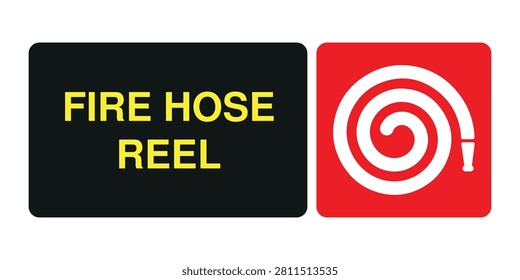 Professional flat vector fire hose reel location sign featuring a bold fire hose reel symbol paired with high-contrast identification text for maximum visibility. Ideal for offices, warehouses, factories, hospitals, schools, commercial buildings, industrial facilities, emergency evacuation plans, workplace safety systems, and fire protection signage.