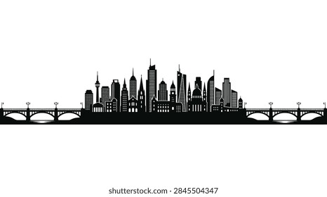 A professional flat vector graphic of the Pittsburgh, Pennsylvania skyline. The design is symmetrical and minimalist, showcasing various skyscraper silhouettes and urban building structures characteristic of the downtown area.