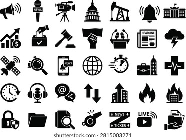 Professional flat vector icon set featuring breaking news, journalism, media, politics, finance, security, healthcare, weather alerts, live streaming, and communication symbols. Ideal for news websites, mobile apps, dashboards, editorial design, presentations, infographics, and user interface projects. #BreakingNews #NewsIcons #MediaIcons #Journalism #Broadcasting #Politics #Government #Finance #StockMarket #Election #Headline #Newspaper #WeatherAlert #LiveStreaming #NewsTicker #Communication #Security #Healthcare #FlatIcons #VectorIcons #GlyphIcons #UIIcons #EditorialDesign #Infographic #MobileApp #WebDesign #DigitalMedia #NewsApp #BusinessNews #IconSet