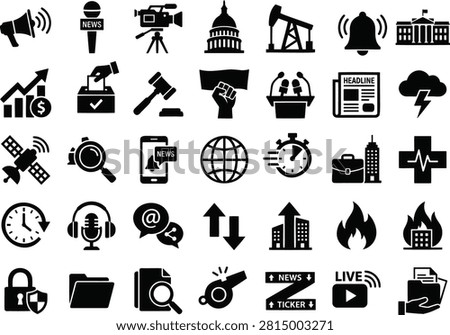 Professional flat vector icon set featuring breaking news, journalism, media, politics, finance, security, healthcare, weather alerts, live streaming, and communication symbols. Ideal for news websites, mobile apps, dashboards, editorial design, presentations, infographics, and user interface projects. #BreakingNews #NewsIcons #MediaIcons #Journalism #Broadcasting #Politics #Government #Finance #StockMarket #Election #Headline #Newspaper #WeatherAlert #LiveStreaming #NewsTicker #Communication #Security #Healthcare #FlatIcons #VectorIcons #GlyphIcons #UIIcons #EditorialDesign #Infographic #MobileApp #WebDesign #DigitalMedia #NewsApp #BusinessNews #IconSet