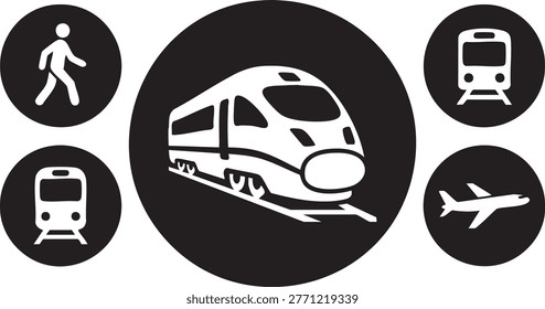 Professional flat vector icon. Solid black circle background with a white silhouette of a transport vehicle like an airplane car or train. Minimalist sharp design for interface and navigation.