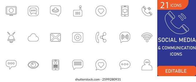 Professional flat vector icons set for social media and communication. Editable, minimalist design for web, apps, presentations, ensuring clarity across platforms.