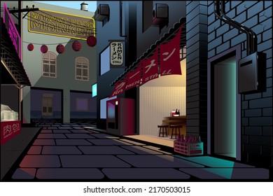 A professional flat vector illustration of an Asian street food noodle stall located in a quiet urban alleyway at midday. The scene features a stone paved narrow street, brick buildings with detailed electrical boxes, red shop banners, and hanging lanterns under a clear sky. This high quality architectural background includes an outdoor seating area with stools and a vending machine, making it ideal for travel blogs, culinary editorial content, and Asia city life website backdrops.