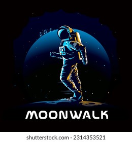 A professional flat vector illustration of an astronaut performing a moonwalk dance pose on the moon surface. The character is depicted in a high contrast style with blue and gold lighting against a dark outer space background featuring a large blue planet and stars. The design includes musical notes and a bold Moonwalk wordmark at the bottom. This high quality graphic is ideal for e-sports team logos, space themed apparel, music event posters, and modern streetwear designs.