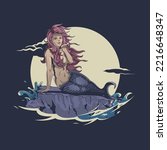 A professional flat vector illustration of a beautiful mermaid siren sitting on a rocky ledge and blowing a kiss. The design features a character with long purple hair and a blue scaled tail set against a large glowing full moon and crashing ocean waves. This high quality nautical graphic uses a dark navy background and elegant line art, making it ideal for maritime fantasy posters, coastal themed apparel, and mythical character stickers.