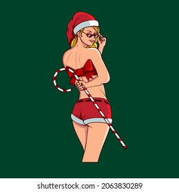 A professional flat vector illustration of a beautiful blonde girl in a sexy Santa Claus outfit. The character wears a red festive hat, a red bow top, and matching holiday shorts while holding a large candy cane stick. This high quality design is presented on a solid dark green background, making it ideal for Christmas party invitations, seasonal holiday branding, festive apparel, and winter greeting cards.
