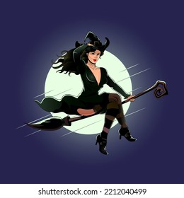 A professional flat vector illustration of a beautiful witch pin up character flying on a wooden broomstick. The design features a woman in a dark green dress and classic pointed hat set against a large glowing full moon. This high quality seasonal graphic uses motion lines and a dark blue background, making it ideal for Halloween party invitations, horror themed social media marketing, and retro pin up poster designs.