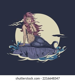 A professional flat vector illustration of a beautiful mermaid siren sitting on a rocky ledge and blowing a kiss. The design features a character with long purple hair and a blue scaled tail set against a large glowing full moon and crashing ocean waves. This high quality nautical graphic uses a dark navy background and elegant line art, making it ideal for maritime fantasy posters, coastal themed apparel, and mythical character stickers.
