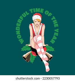 A professional flat vector illustration of a beautiful pin up girl dressed as a Christmas elf. The character wears a red Santa hat and festive costume while sitting on Christmas bells with holly leaves and mistletoe. Bold green text in a circular layout reads Wonderful Time Of The Year against a dark teal background. This high quality seasonal graphic is ideal for holiday greeting cards, festive party invitations, retro Christmas posters, and seasonal apparel designs.