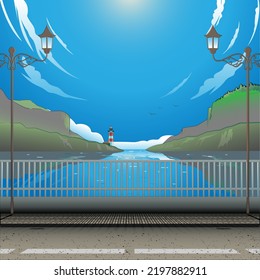 A professional flat vector illustration of a bright daytime coastal landscape viewed from a bridge. The design features a clear blue sky with stylized white clouds, two vintage street lamps in the foreground, and a red and white lighthouse on the horizon. This high quality scenic graphic depicts a calm sea channel between green cliffs, making it ideal for travel website banners, summer vacation marketing, and outdoor adventure social media backdrops.