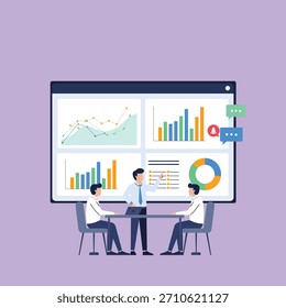 Uma ilustração vetor plana profissional de uma equipe de negócios que analisa dados de desempenho. Um gerente está apresentando gráficos financeiros complexos, gráficos de barras e um gráfico de pizza em uma grande