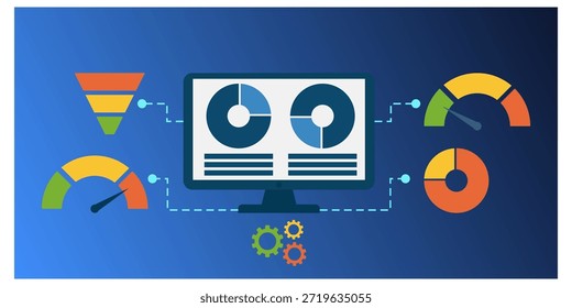 Ilustração de vetor plano profissional de um painel de business intelligence exibido em um monitor de computador. O design apresenta vários elementos de visualização de dados.