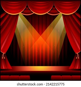 A professional flat vector illustration of a classic theater stage with draped red velvet curtains. The scene features two crossing golden spotlights illuminating the wooden floor against a dark striped backdrop. This high quality dramatic background is ideal for talent show posters, award ceremony presentations, theatrical event invitations, and cinema themed digital marketing.