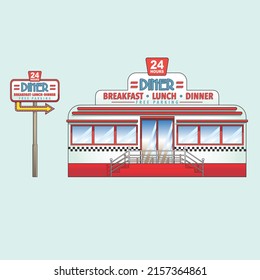 A professional flat vector illustration of a classic American diner building and matching roadside sign. The design features a retro 1950s aesthetic with red and white accents, checkered patterns, and text for breakfast, lunch, and dinner services. This high quality architectural graphic is ideal for vintage travel posters, nostalgic food branding, restaurant menu covers, and mid-century lifestyle social media backgrounds.