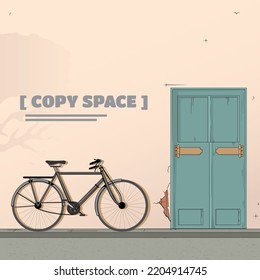 A professional flat vector illustration of a classic black bicycle parked against a pale pink wall next to a weathered green door. The design includes a large copy space area on the left side and features subtle textures on the wall and pavement. This high quality scenic graphic is ideal for lifestyle blog headers, travel website banners, minimalist interior decor prints, and vintage themed social media backdrops.