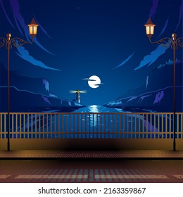 A professional flat vector illustration of a coastal bay view at night featuring a bridge with glowing street lamps. The scene depicts a calm ocean with a full moon reflection, a distant lighthouse, and rocky cliffs under a dark blue starry sky. This high quality scenic graphic is ideal for travel posters, bedtime story backgrounds, coastal hospitality branding, and atmospheric wall art.