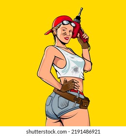 A professional flat vector illustration of a confident female mechanic or construction worker against a bright yellow background. The character wears a red cap, white tank top, denim shorts, and a tool belt while holding a red power drill. This high quality graphic features clean line art and bold colors, making it ideal for home improvement branding, repair service marketing, DIY blog headers, and manual labor themed social media content.