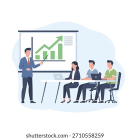 Uma ilustração vetor plana profissional de uma reunião de negócios corporativa. Um gerente confiante aponta para uma tela de apresentação exibindo um gráfico de crescimento crescente e um gráfico de barras com um verde ascendente