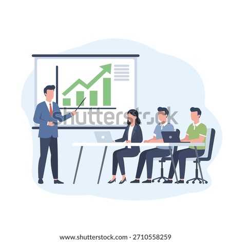 A professional flat vector illustration of a corporate business meeting. A confident manager stands pointing at a presentation screen displaying a rising growth chart and bar graph with an upward gree