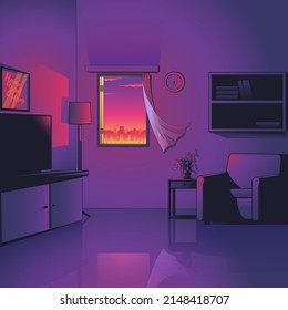 A professional flat vector illustration of a cozy living room interior at sunset. The scene features a purple and pink color palette with a view of a city skyline through an open window. The room includes modern furniture such as a television, armchair, bookshelf, and a floor lamp, making it ideal for home decor blogs, interior design presentations, urban lifestyle posters, and calm atmosphere social media backgrounds.