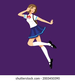 A professional flat vector illustration of a cute Japanese schoolgirl in a classic anime style. The character is shown in an energetic jumping pose, flashing a peace sign with one hand. She wears a traditional school uniform consisting of a white short sleeved shirt with a red neck bow, a pleated blue skirt, white knee high socks, and black mary jane shoes. Set against a solid purple background, this high impact graphic is ideal for manga themed branding, language learning apps, youth culture posters, and stickers.