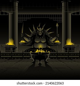 A professional flat vector illustration of a dark indoor temple or mystical shrine. The scene features a large four armed demon statue sitting in a meditative pose while holding a sword and spear amidst glowing fire pits. This high quality atmospheric design uses a black and gold color palette with dramatic lighting, making it ideal for gaming environments, fantasy book covers, theatrical stage backgrounds, and cultural mystery posters.