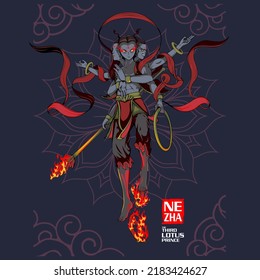A professional flat vector illustration of a dark themed Nezha, the Third Prince of Lotus from Chinese mythology. The deity is depicted with three heads, six arms, and glowing red eyes while holding a fire tipped spear and Universe Ring. This high quality character graphic features a dark blue background with a subtle lotus pattern, making it ideal for gaming assets, urban streetwear design, and modern cultural editorial content.