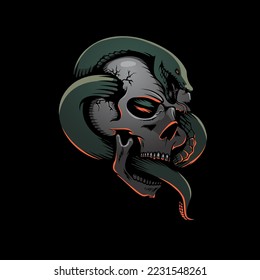 Ilustración del vector Skull y Snake. puede utilizarse como pegatina, estampado gráfico de camisetas, afiche, símbolo, emblema o insignia, o cualquier otro propósito.