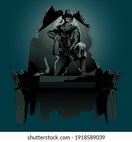 Sniper crouch Position auf der Spitze des Kirchturms Blick auf die gefallene Vektorgrafik für Design-Element, Poster, T-Shirt-Grafik
