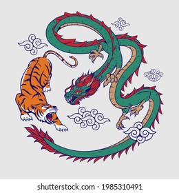 A professional flat vector illustration depicting a traditional battle between a tiger and a dragon in a circular composition. The design features a crouching orange Bengal tiger facing off against a long green serpentine Chinese dragon with red dorsal fins. Set against a light grey background with stylized white clouds, this high impact artwork represents the balance of power and yin yang philosophy, making it ideal for martial arts branding, oriental decor, apparel, and cultural event posters.