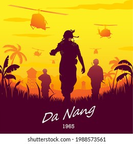 A professional flat vector illustration depicting a scene from the Vietnam War in 1965. The design features silhouettes of soldiers patrolling through a tropical jungle landscape under a bright yellow and orange sunset. Multiple military helicopters fly overhead against a sky filled with hazy clouds, while palm trees and tropical foliage frame the foreground. This high impact artwork includes the text Da Nang 1965 in a stylized script, making it ideal for historical documentaries, educational materials, military tributes, and vintage style wall decor.