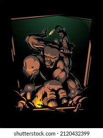 Theseus versus Minotaur basierend auf der antiken griechischen Mythologie. alle Ebenen sind entsperrt und bearbeitetkann als Plakat, T-Shirt-Druck, Design-Element oder zu anderen Zwecken verwendet werden.