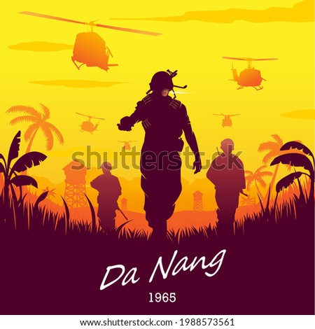 A professional flat vector illustration depicting a scene from the Vietnam War in 1965. The design features silhouettes of soldiers patrolling through a tropical jungle landscape under a bright yellow and orange sunset. Multiple military helicopters fly overhead against a sky filled with hazy clouds, while palm trees and tropical foliage frame the foreground. This high impact artwork includes the text Da Nang 1965 in a stylized script, making it ideal for historical documentaries, educational materials, military tributes, and vintage style wall decor.