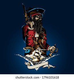 Ilustración vectorial de Captain Corsair, estilo de arte de línea vintage