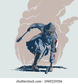 A professional flat vector illustration featuring a French Trench Raider from World War 1. The design depicts a soldier in a dynamic crouched combat pose wearing a classic Adrian helmet and gas mask while wielding a trench club and pistol. Rendered in a clean navy blue and red color palette, this high impact graphic is ideal for historical gaming mascots, military themed apparel, and tactical branding.