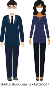 Professional flat vector illustration featuring a business professional pair wearing protective medical face coverings in a modern workplace setting. The artwork presents a male executive and a female professional dressed in formal corporate clothing, visually communicating awareness of health protection and responsible workplace behavior. The male character appears in a dark suit combined with a white shirt, tie, and glasses, projecting a polished and confident corporate appearance. The female character is shown wearing a coordinated professional outfit with elegant heels, reinforcing a strong and modern business presence.

The protective face coverings shown in the design symbolize preventive health measures widely adopted in offices and public environments to help reduce the spread of illness during global health concerns. By depicting professionals who continue their duties while following safety practices, the illustration highlights how modern workplaces adapt to changing conditions while maintaining productivity and professionalism. The clean vector style and balanced composition make the characters easy to recognize, creating a visual message about responsible conduct in shared environments.

This artwork reflects themes connected with occupational safety, public health awareness, and responsible corporate culture. Many organizations implemented protective practices within offices, business centers, and public facilities to promote employee wellbeing and maintain operational continuity. The presence of protective face coverings within the design communicates the importance of prevention, hygiene awareness, and mutual care among colleagues and communities.

The flat vector format ensures clarity and versatility across many creative applications. Designers, educators, and marketing teams can easily integrate the illustration into presentations, workplace training materials, informational posters, online articles, educational campaigns, or corporate communications related to employee safety.