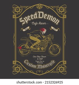 A professional flat vector illustration of a flaming skull rider on a cafe racer motorcycle. The design features a skeleton in a leather jacket riding a vintage bike, framed by an ornate gold border with the text Speed Demon, Custom Motorcycle, and Since 1975. This high quality dark aesthetic graphic is ideal for biker apparel design, motorcycle club branding, rock music festival posters, and custom garage wall art.