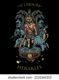 A professional flat vector illustration of the Greek hero Hercules surrounded by symbols of his twelve labors. The central figure wears the Nemean lion skin and holds a wooden club, flanked by the Lernaean Hydra, Cerberus, the Erymanthian Boar, and the Cretan Bull. This high quality mythological design uses a dark palette with gold typography, making it ideal for epic fantasy posters, gaming character assets, educational history materials, and cultural branding.