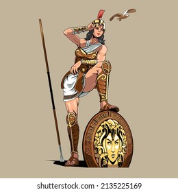 A professional flat vector illustration of the Greek goddess Athena in a heroic warrior pose. The character wears a golden Corinthian helmet and bronze greaves while resting her foot on a large circular shield featuring a Medusa head emblem. This high quality design depicts the goddess with a spear and an owl in flight, making it ideal for educational history materials, gaming character assets, school mascots, and mythological branding.