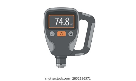 A professional flat vector illustration of a handheld digital coating thickness gauge. The device features a clear digital display showing a measurement of 74.8 micrometers, control buttons, and an ergonomic handle. This isolated graphic is suitable for industrial, engineering, or quality control design projects.