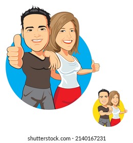 A professional flat vector illustration of a healthy young couple giving a thumbs up. The man wears a black athletic shirt and grey shorts, while the woman wears a white tank top and red leggings. This high quality character design is set against a blue circular background and includes a smaller yellow background variation, making it ideal for fitness coaching branding, wellness blogs, health app avatars, and gym marketing materials.