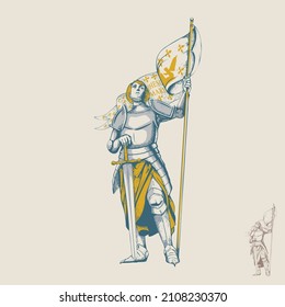 A professional flat vector illustration of the historical French heroine Joan of Arc in full plate armor. The character stands heroically holding a large white and gold banner featuring fleur de lis symbols while leaning on a longsword. This high quality design uses a sophisticated palette of grey, gold, and navy blue on a cream background, making it ideal for historical educational materials, feminist empowerment posters, medieval themed apparel, and cultural heritage branding.