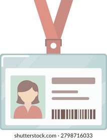 A professional flat vector illustration of a horizontal identification badge. The card includes a female profile avatar with a red shirt, placeholder text for name and details, and a scannable barcode at the bottom. It is attached to a red lanyard strap with a silver clip. This clean design is ideal for human resources, corporate security, event registration, and employee identification concepts.