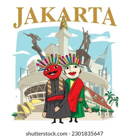 Ilustración vectorial de la ciudad de Jakarta con los clásicos payasos de carnaval llamados ondel-ondel.