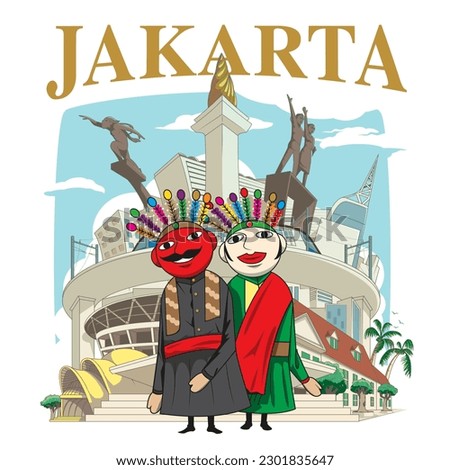 A professional flat vector illustration of Jakarta city landmarks featuring traditional Ondel Ondel puppet characters in the foreground. The composition includes iconic Indonesian monuments such as the National Monument Monas, the Welcome Monument Selamat Datang, and modern skyscrapers under a blue sky. This high quality graphic features a bold gold Jakarta wordmark and is ideal for travel agency branding, Indonesian tourism posters, regional event promotions, and cultural merchandise.