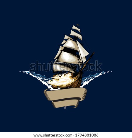 A professional flat vector illustration of a majestic Manowar sailing ship with white sails cutting through ocean waves. This classic nautical design features a large parchment-style ribbon banner for custom text, set against a dark navy blue background, ideal for maritime branding, historical themes, and seafaring adventure graphics.