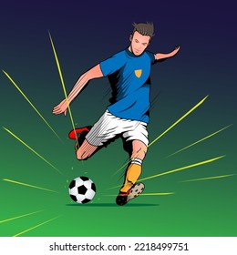 A professional flat vector illustration of a male football player in a blue and white kit kicking a soccer ball. The design features dynamic yellow motion lines and a dark gradient background with a green field. This high quality sports graphic is ideal for athletic club branding, tournament promotion posters, football training advertisements, and digital gaming character art.